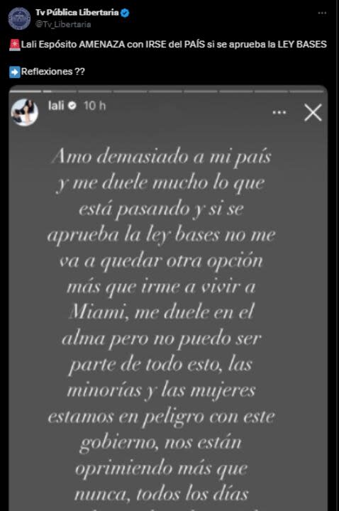 El mensaje supuestamente escrito por Lali que circuló en redes sociales (Foto: X @Tv_Libertaria)