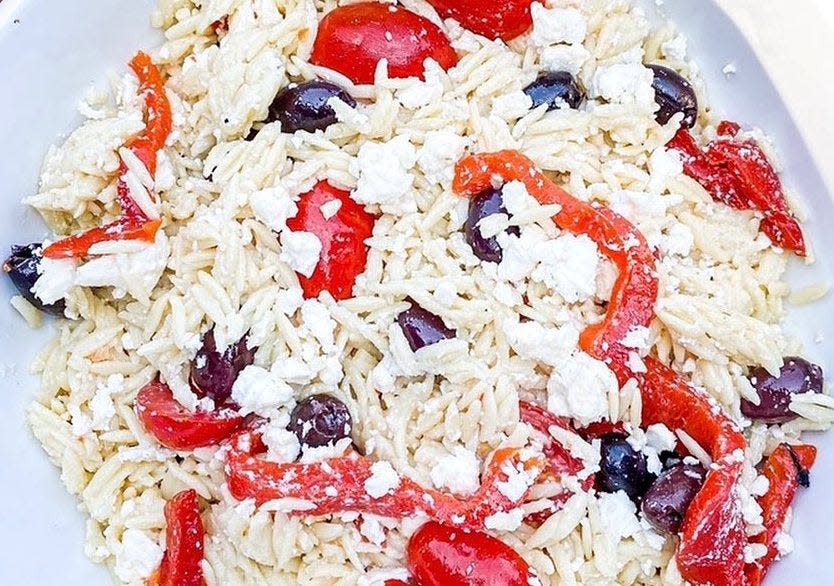 Barrett's Alehouse offers this Mediterranean Orzo Salad made with chilled orzo pasta, grape tomatoes, black olives, roasted red peppers, feta cheese, tossed in Italian dressing.