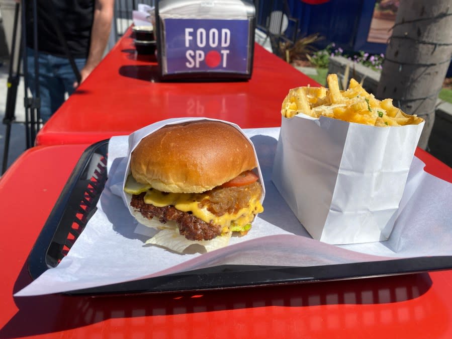 A double smashburger from the Skechers Food Spot in Gardena, California, is shown on Sept. 13, 2023. (KTLA)