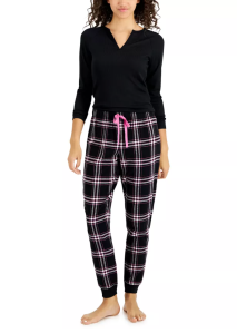 Jenni Split-Neck Pajama Top & Plaid Fleece Pajama Pants