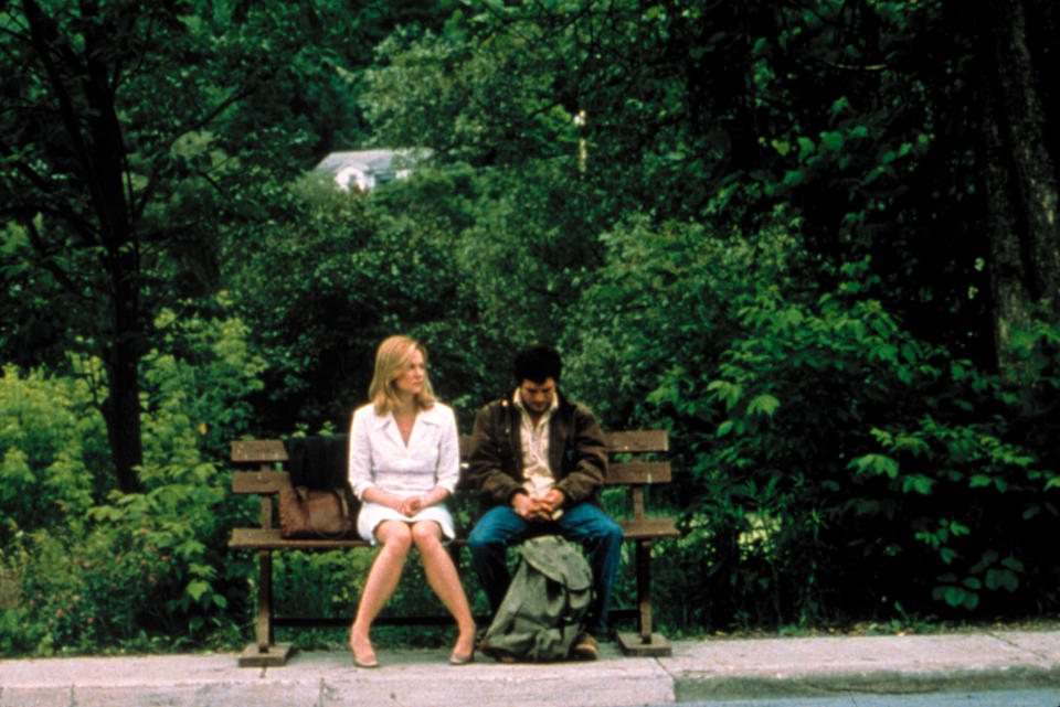 Laura Linney and Mark Ruffalo sitting on a bench.