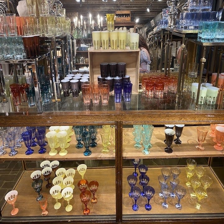 display of glasses in the Paris Market shop in Savannah