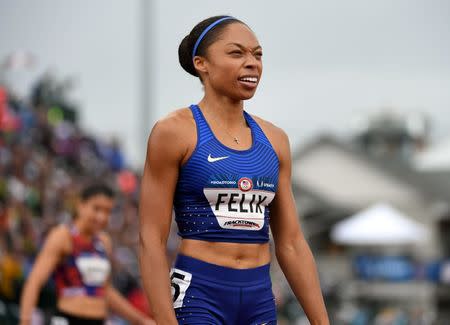 Jul 10, 2016; Eugene, OR, USA; Allyson Felix reacts after placing fourth in the women's 200m in 22.54 during the 2016 U.S. Olympic Team Trials at Hayward Field. Mandatory Credit: Kirby Lee-USA TODAY Sports