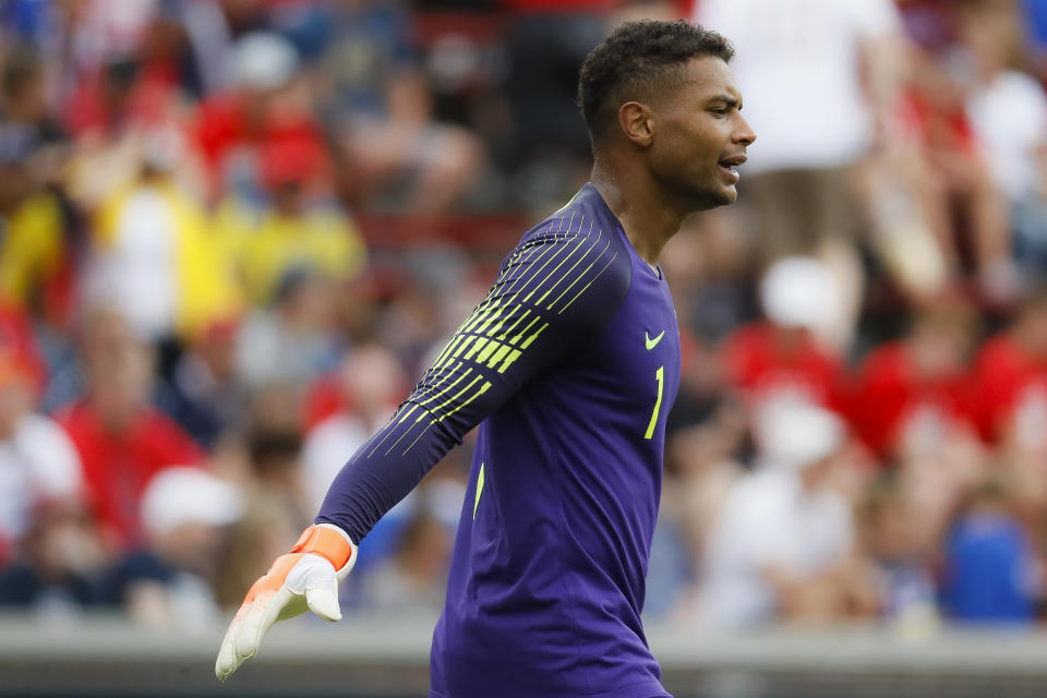 United States goalkeeper Zack Steffen reacts during the second half of an international friendly soccer match against Venezuela, Sunday, June 9, 2019, in Cincinnati. (AP Photo/John Minchillo)