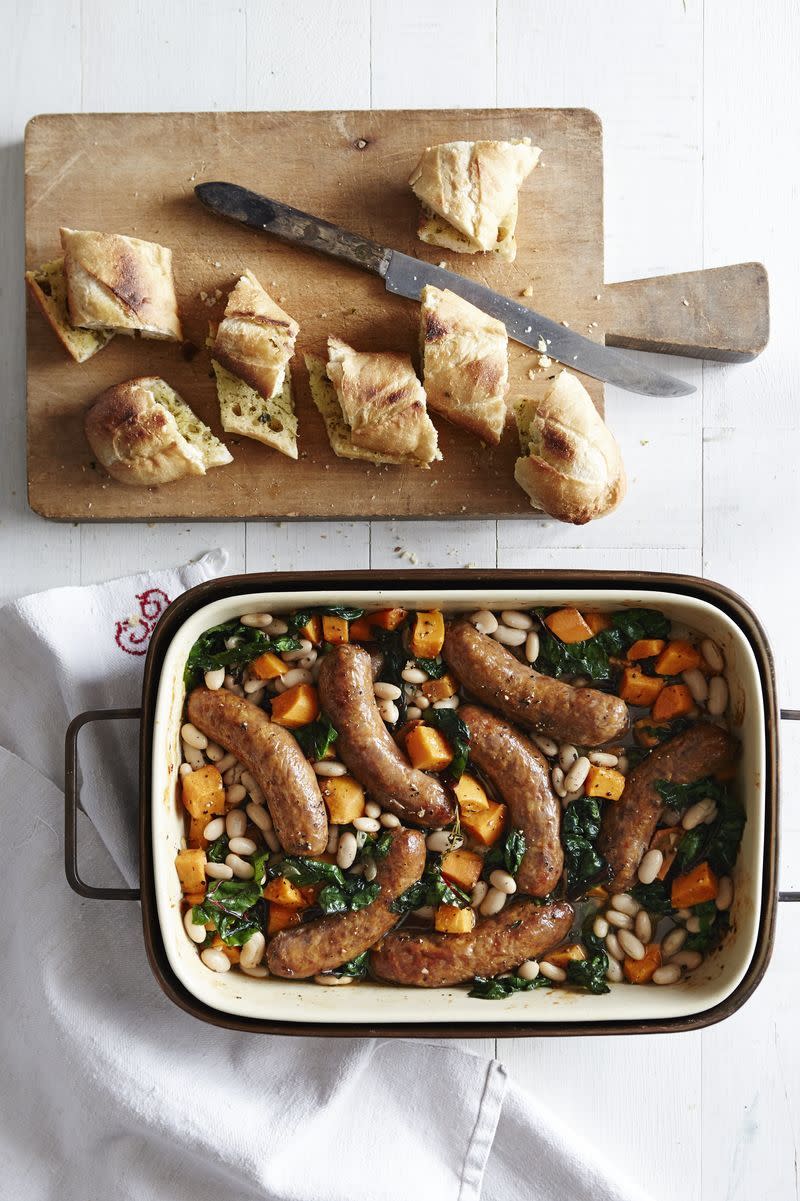 Roasted Sausages and Sweet Potato-White Bean Stew