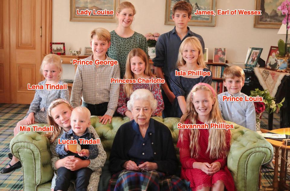 Queen Elizabeth with some of her grandchildren and great-grandchildren.