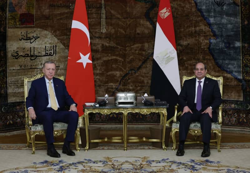 Presdient of Turkey Recep Tayyip Erdogan (L) and President of Egypt Abdel Fattah al-Sisi attend a joint meeting. Erdogan arrived in Cairo on 14 February for talks with al-Sisi in a landmark visit that comes after around a decade of diplomatic strain between the two countries. -/Presidency of the Republic of Turkey/dpa