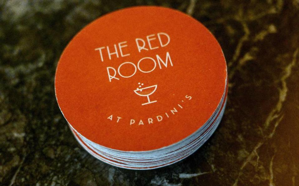 Coasters stacked up at The Red Room await new clientele at the new bar inside Pardini’s catering venue on West Shaw Avenue in Fresno.