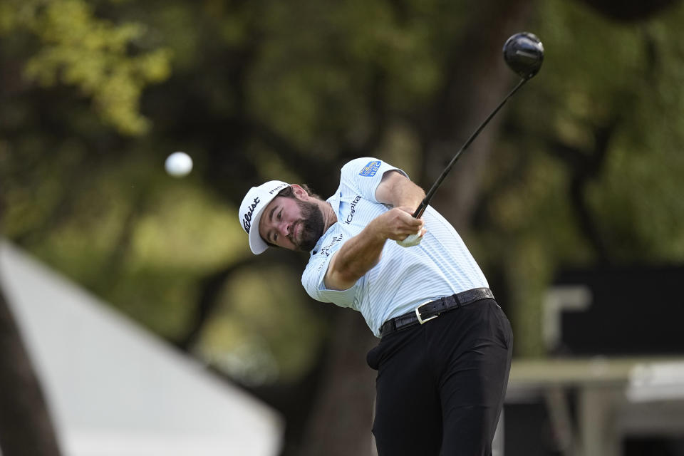 Cameron Young plays his shot from the eighth tee during a round of 16 at the Dell Technologies Match Play Championship golf tournament in Austin, Texas, Saturday, March 25, 2023. (AP Photo/Eric Gay)