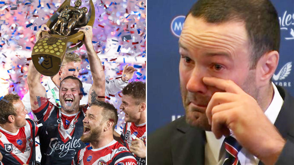 Pictured here, Boyd Cordner chokes back tears in his retirement press conference.