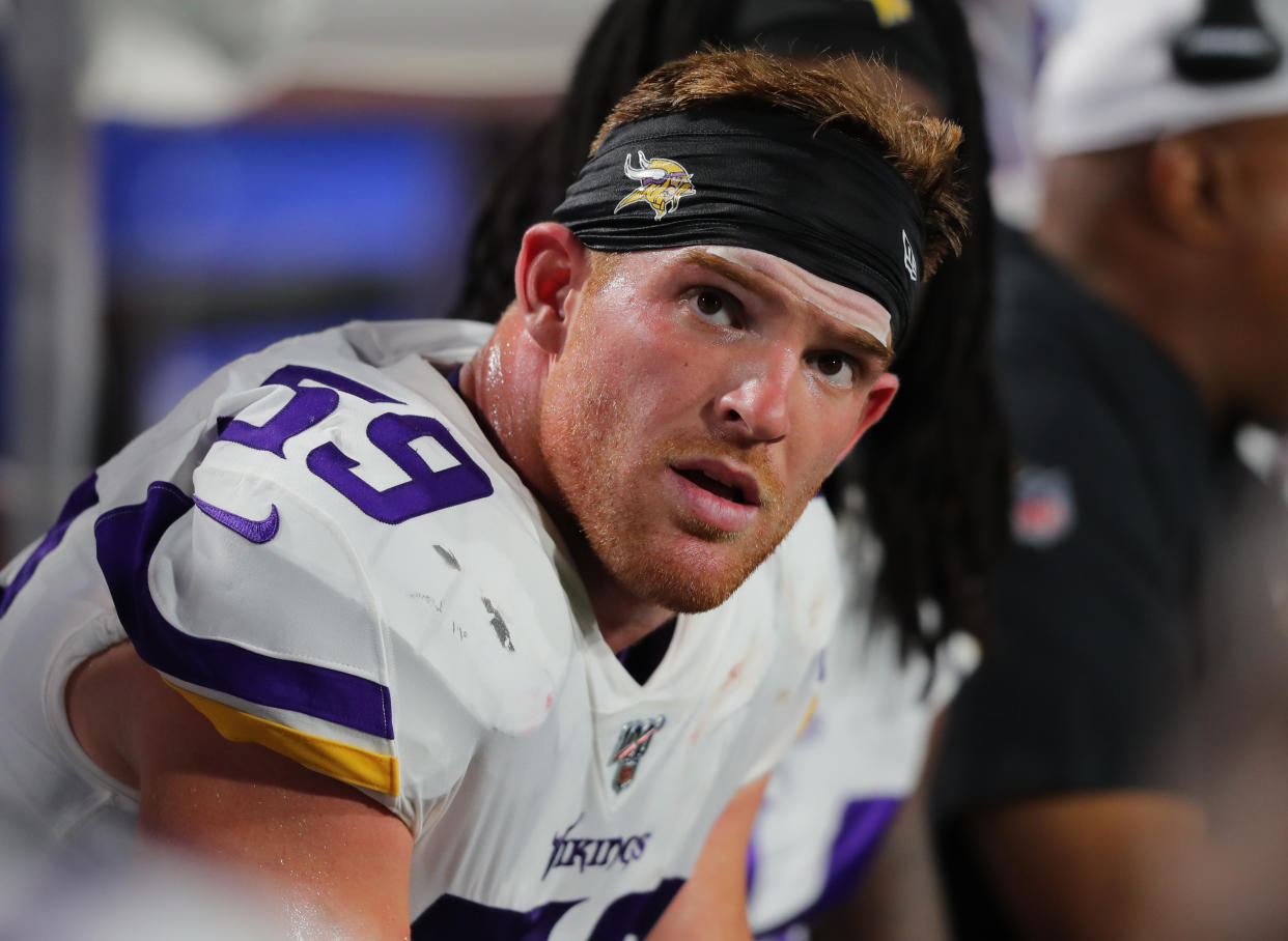 Cameron Smith #59 of the Minnesota Vikings watches from the bench during the second half of a preseason game against the Minnesota Vikings at New Era Field on August 29, 2019 in Orchard Park, New York.  Buffalo beats Minnesota 27 to 23.  (Photo by Timothy T Ludwig/Getty Images)