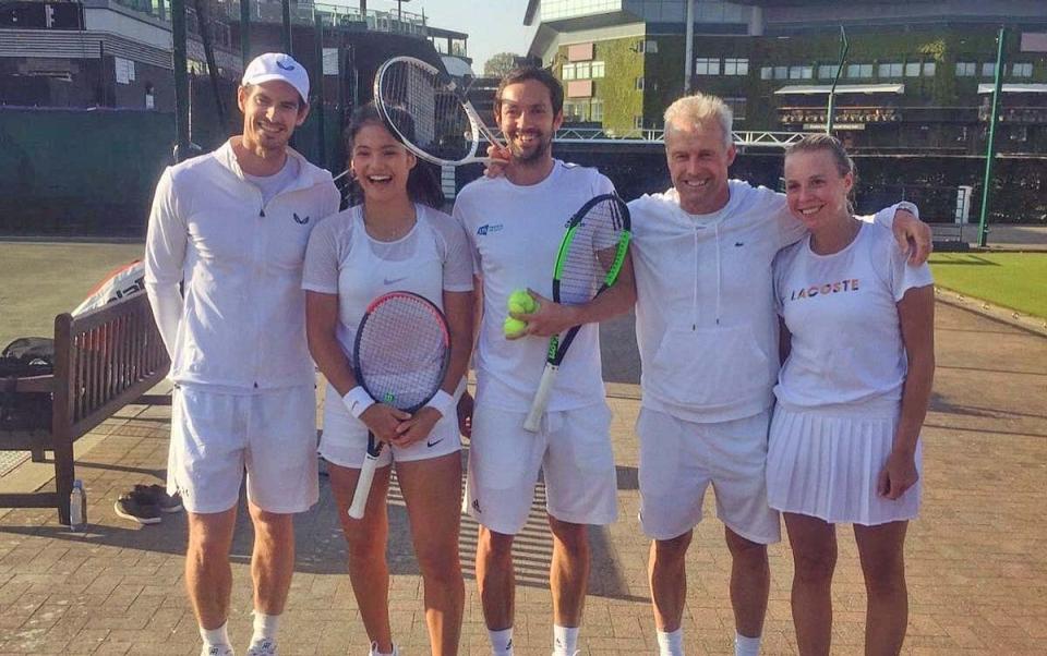 Raducanu (second left) enjoyed a practice session with Murray (left) at Wimbledon