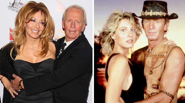 Linda Kozlowski and Paul Hogan today (left) and the on-screen/off-screen couple in 1986