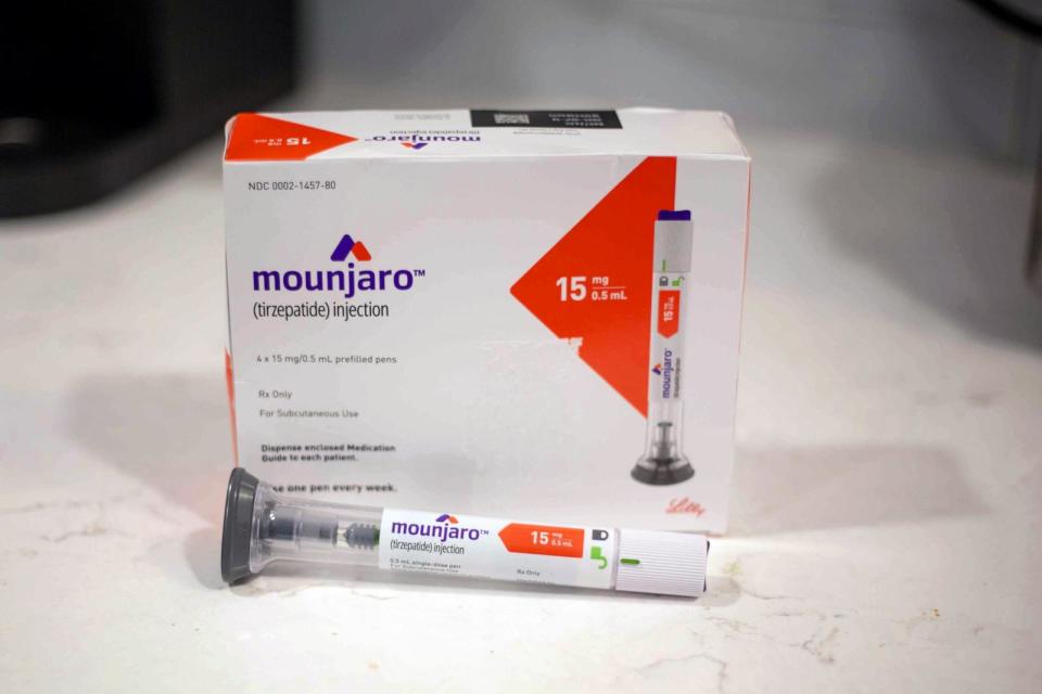 PHOTO: Eli Lilly & Co. Mounjaro brand tirzepatide medication arranged in Austin, Texas, March 3, 2024. (Montinique Monroe/Bloomberg via Getty Images)