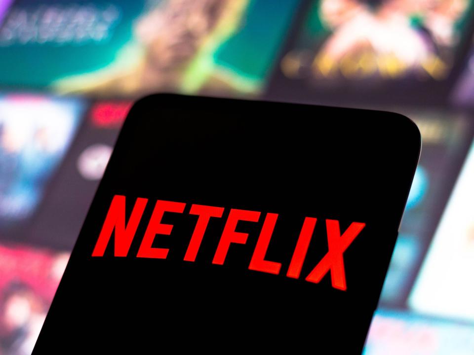 The Netflix logo is displayed on a smartphone screen.