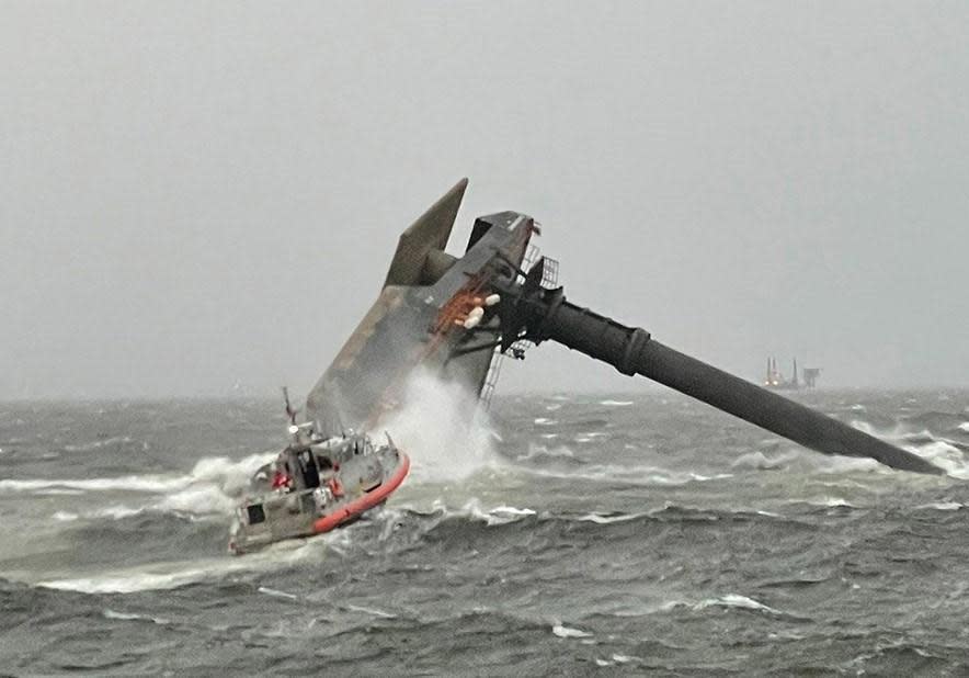 Capsized lift boat Seacor Power  is seen in Gulf of Mexico off Port Fourchon, Louisiana on April 13, 2021. / Credit: U.S. Coast Guard handout