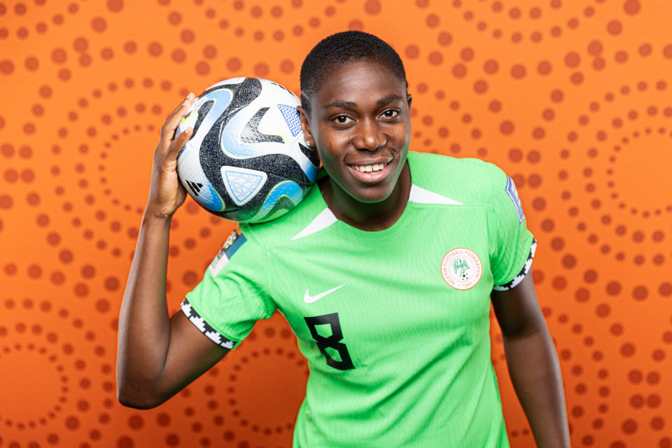 BRISBANE, AUSTRALIA - JULY 16: Asisat Oshoala of Nigeria poses for a portrait during the official FIFA Women's World Cup Australia & New Zealand 2023 portrait session on July 16, 2023 in Brisbane, Australia. (Photo by Chris Hyde - FIFA/FIFA via Getty Images)