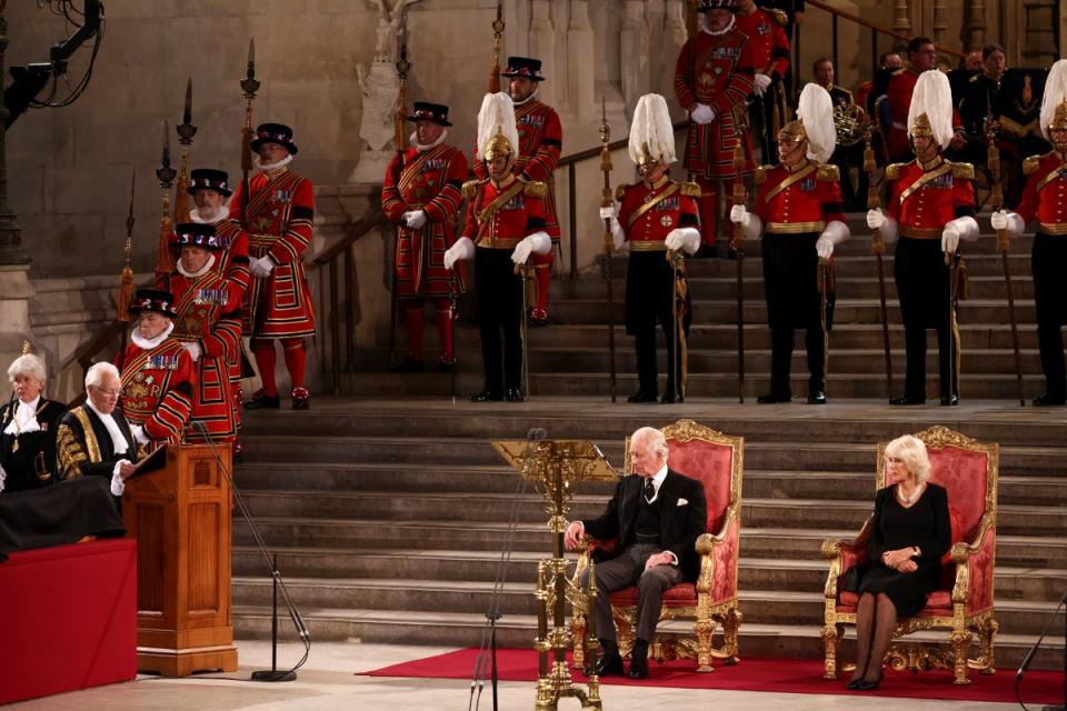 King Charles III and the Queen Consort at Westminster Hall, London (Henry Nicholls/PA) (PA Wire)