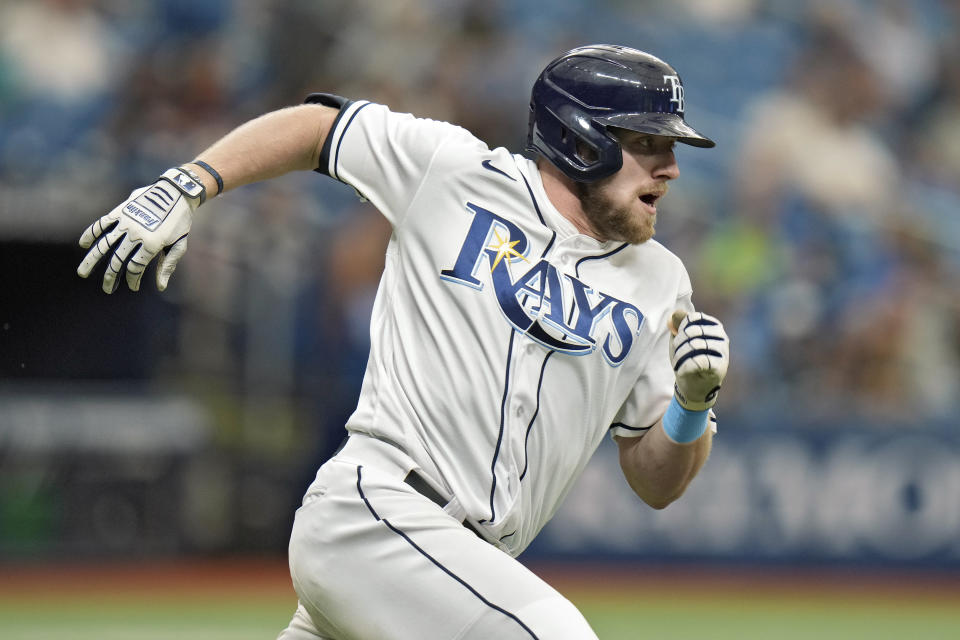 Tampa Bay Rays' Luke Raley runs the bases after his RBI triple off Minnesota Twins starting pitcher Bailey Ober during the fourth inning of a baseball game Thursday, June 8, 2023, in St. Petersburg, Fla. (AP Photo/Chris O'Meara)