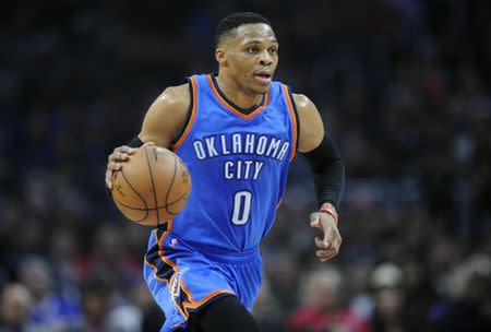 January 16, 2017; Los Angeles, CA, USA; Oklahoma City Thunder guard Russell Westbrook (0) moves the ball up court against the Los Angeles Clippers during the first half at Staples Center. Mandatory Credit: Gary A. Vasquez-USA TODAY Sports