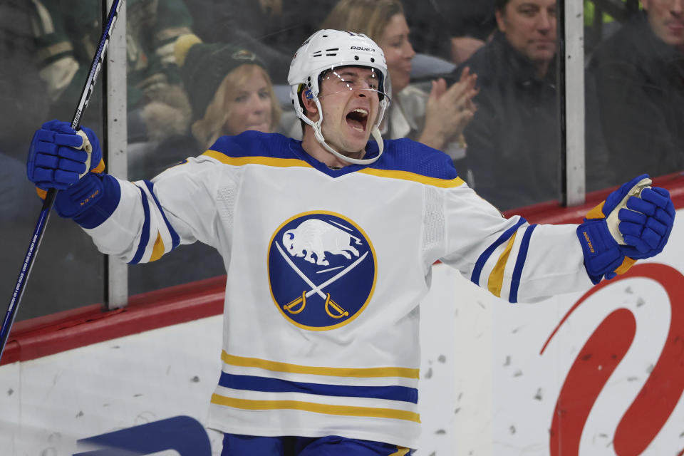 Buffalo Sabres defenseman Mark Pysyk (13) reacts after scoring a goal against the Minnesota Wild during the third period of an NHL hockey game Thursday, Dec. 16, 2021, in St. Paul, Minn. (AP Photo/Stacy Bengs)