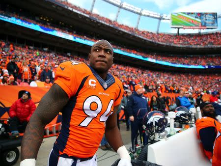 Denver Broncos defensive end DeMarcus Ware (94) against the New England Patriots in the AFC Championship football game at Sports Authority Field at Mile High. Mark J. Rebilas-USA TODAY Sports