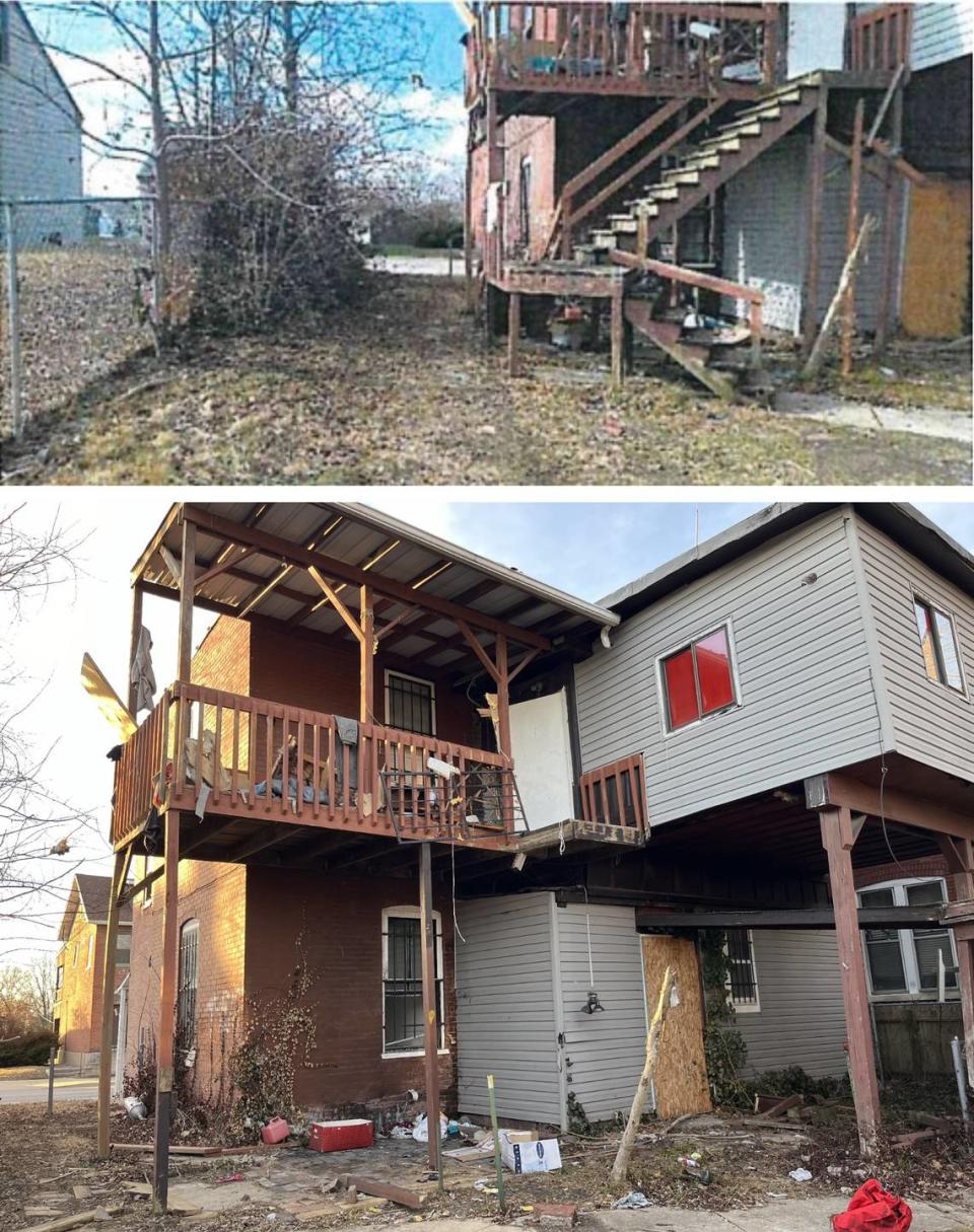 Bars over windows on the first floor of a building at 520 N. Illinois St. in Belleville were keeping squatters from entering, but a stairway allowed them to reach the second floor, above. The city removed the stairway. City of Belleville/Teri Maddox