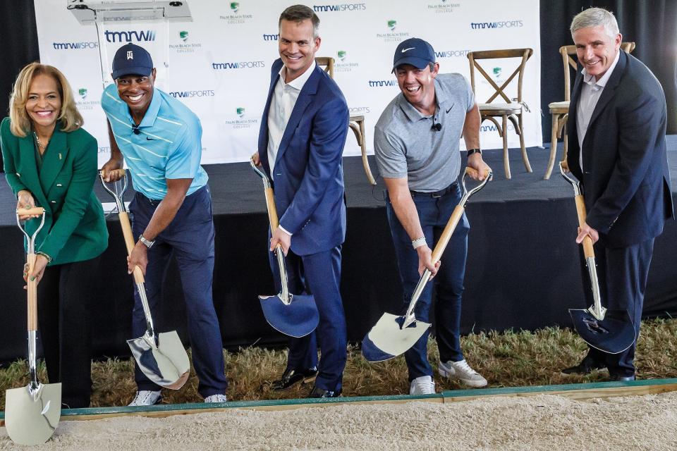 Tiger Woods , Mike McCarley, Rory McIlroy and PGA Tour commissioner Jay Monahan participate in Monday's ground-breaking at Palm Beach State College for the venue that will host TGL, a virtual golf league that will include Woods, McIlroy, Jon Rahm, Max Homa and Billy Horschel of Ponte Vedra Beach.