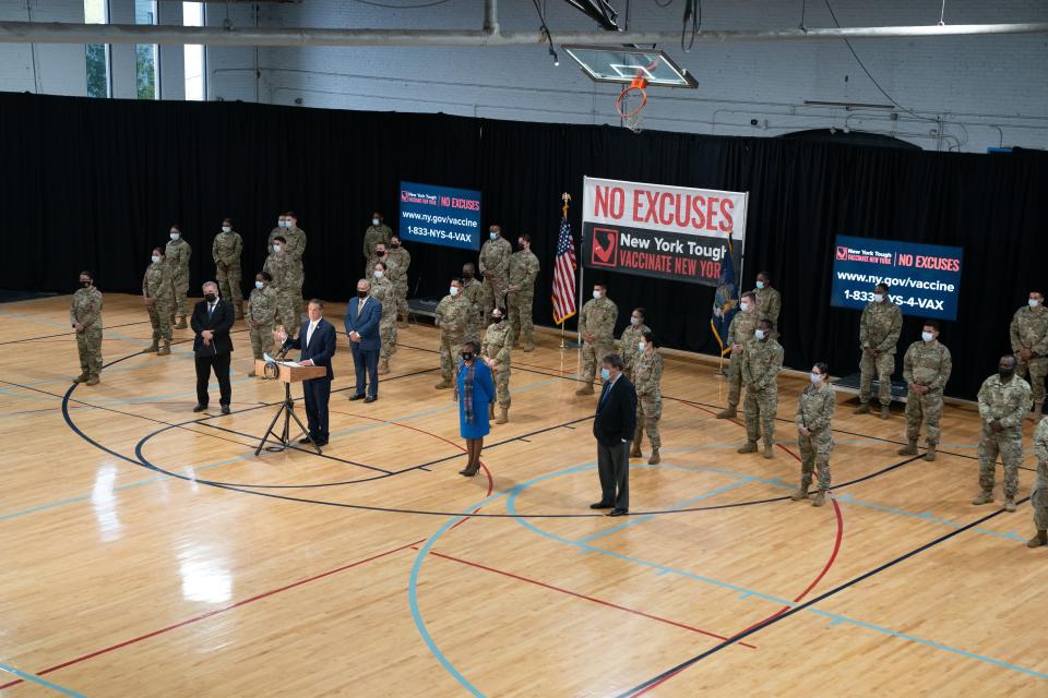 Gov. Andrew Cuomo visited the Yonkers Police Athletic League Center on April 21, 2021, to announce an expansion of access to COVID-19 vaccines.