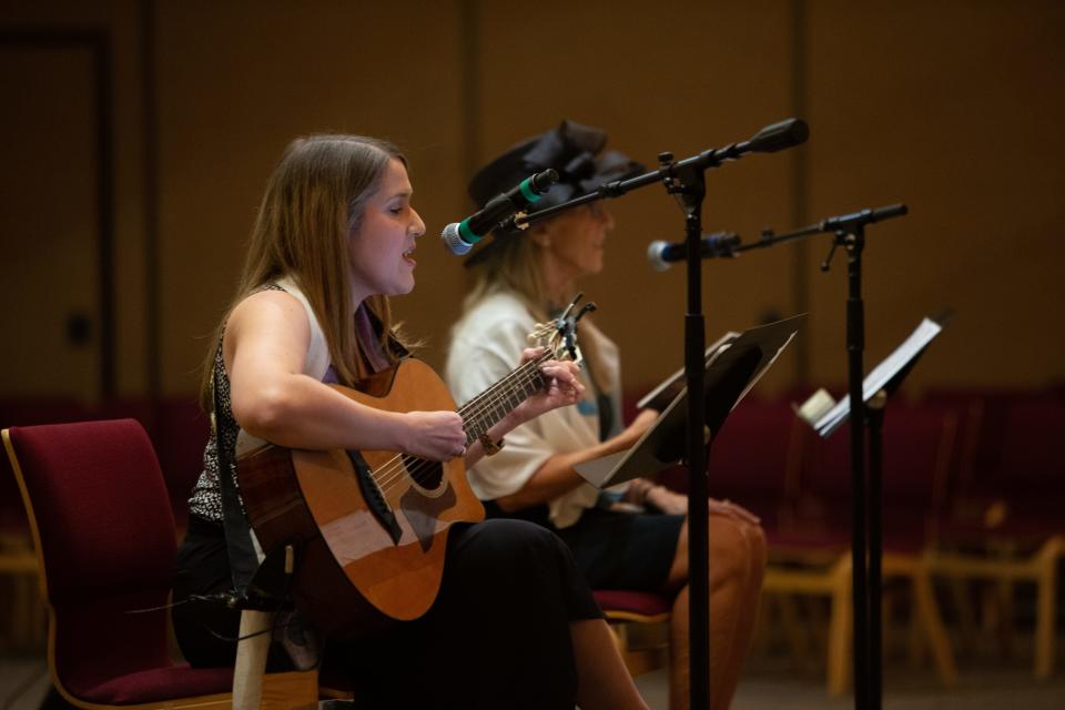 Rabbis Emily Segal and Bonnie Koppel sing prayers on Shabbat Shuvah, the service between Rosh Hashanah and Yom Kippur, at Temple Chai in Phoenix on Sept. 30, 2022.