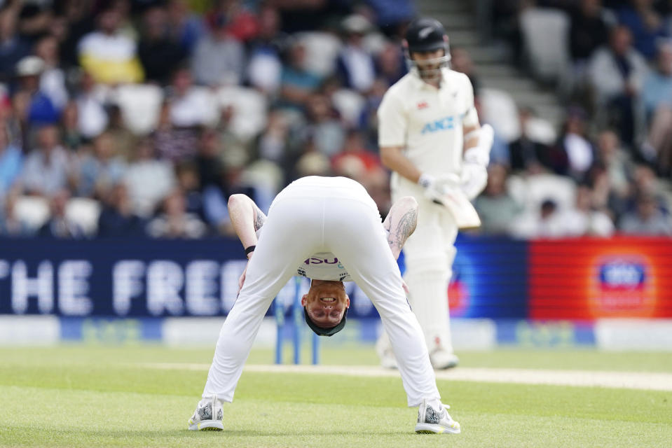 England captain Ben Stokes reacts during the third day of the third cricket test match between England and New Zealand at Headingley in Leeds, England, Saturday, June 25, 2022. (Mike Egerton/PA via AP)