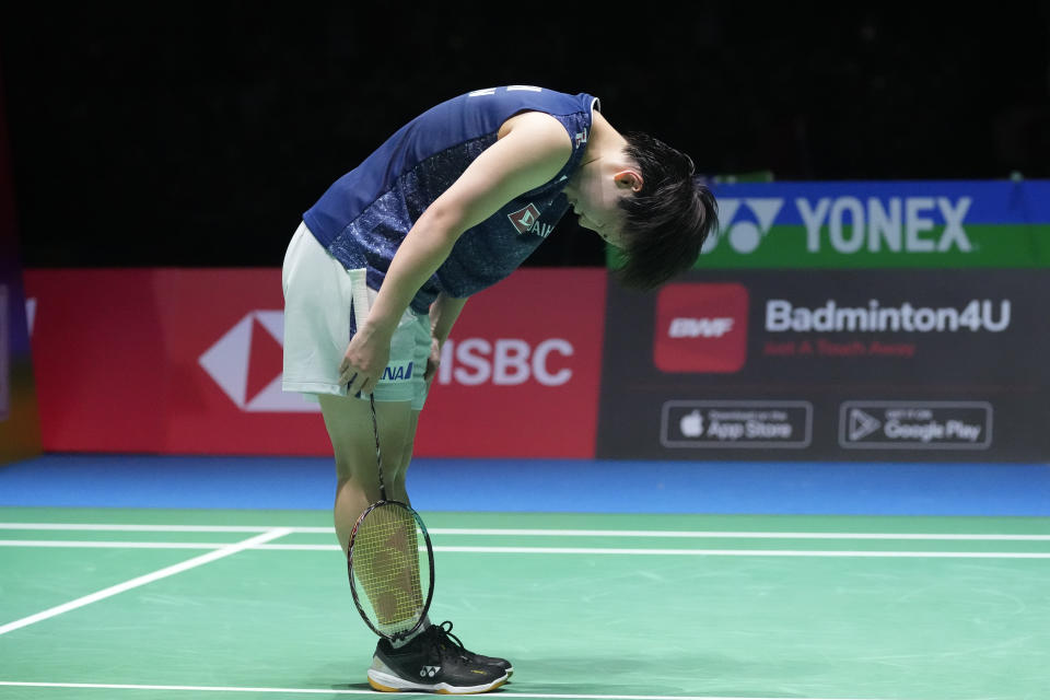 Japan's Akane Yamaguchi celebrates after defeating China's Chen Yu Fei during their women's singles badminton final matchat the BWF World Championships in Tokyo, Japan, Sunday, Aug. 28, 2022. (AP Photo/Shuji Kajiyama)