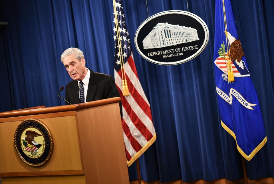 Special Counsel Robert Mueller speaks on the investigation into Russian interference in the 2016 Presidential election, at the Justice Department in Washington, DC, on May 29, 2019.  Mueller said Wednesday that charging US President Donald Trump with a crime of obstruction was not an option because of Justice Department policy. 