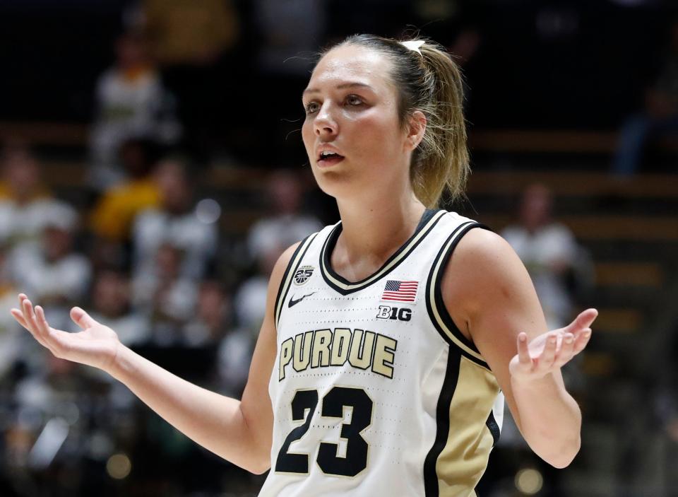 Purdue Boilermakers guard Abbey Ellis (23) reacts to a foul call during the NCAA WNIT basketball game against the Duquesne Dukes, Thursday, March 28, 2024, at Mackey Arena in West Lafayette, Ind.