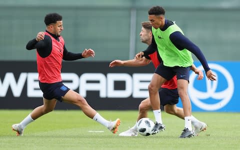 Trent Alexander-Arnold, Gary Cahill and Kyle Walker of England in action during a training session - Credit: Alex Morton/Getty Images