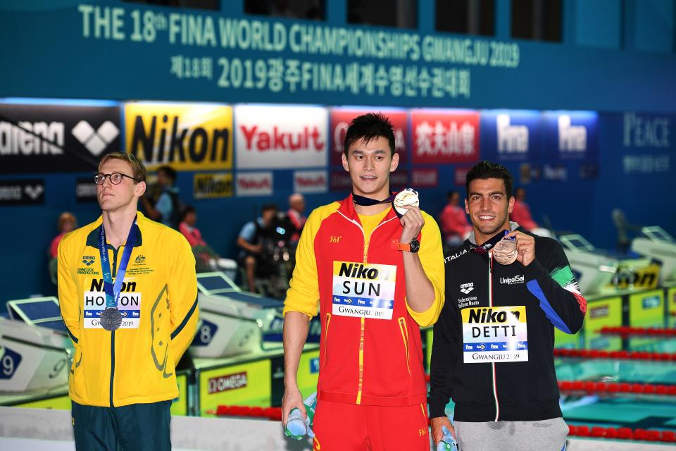 Mack Horton and Sun Yang, pictured here at the world swimming championships in 2019.