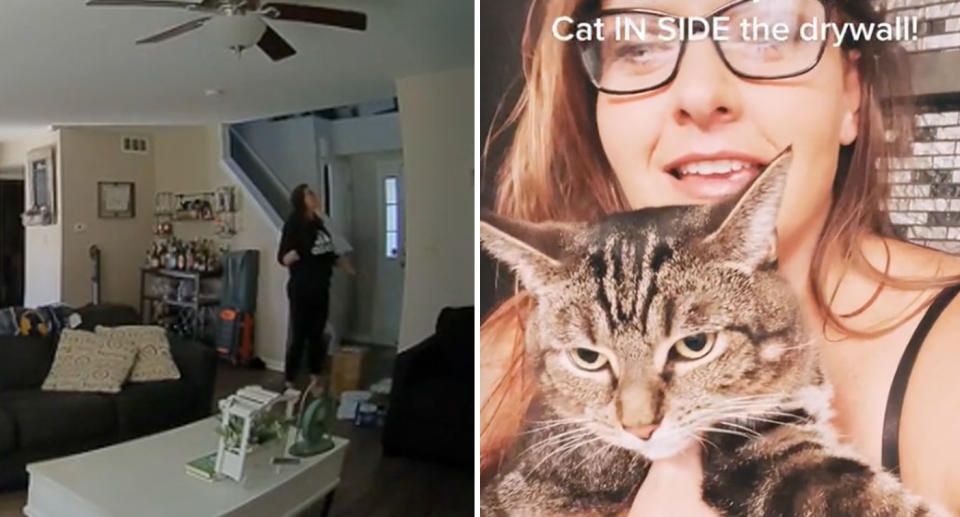 Photo of woman looking for her cat in her home, and another photo of the cat and the owner reunited.