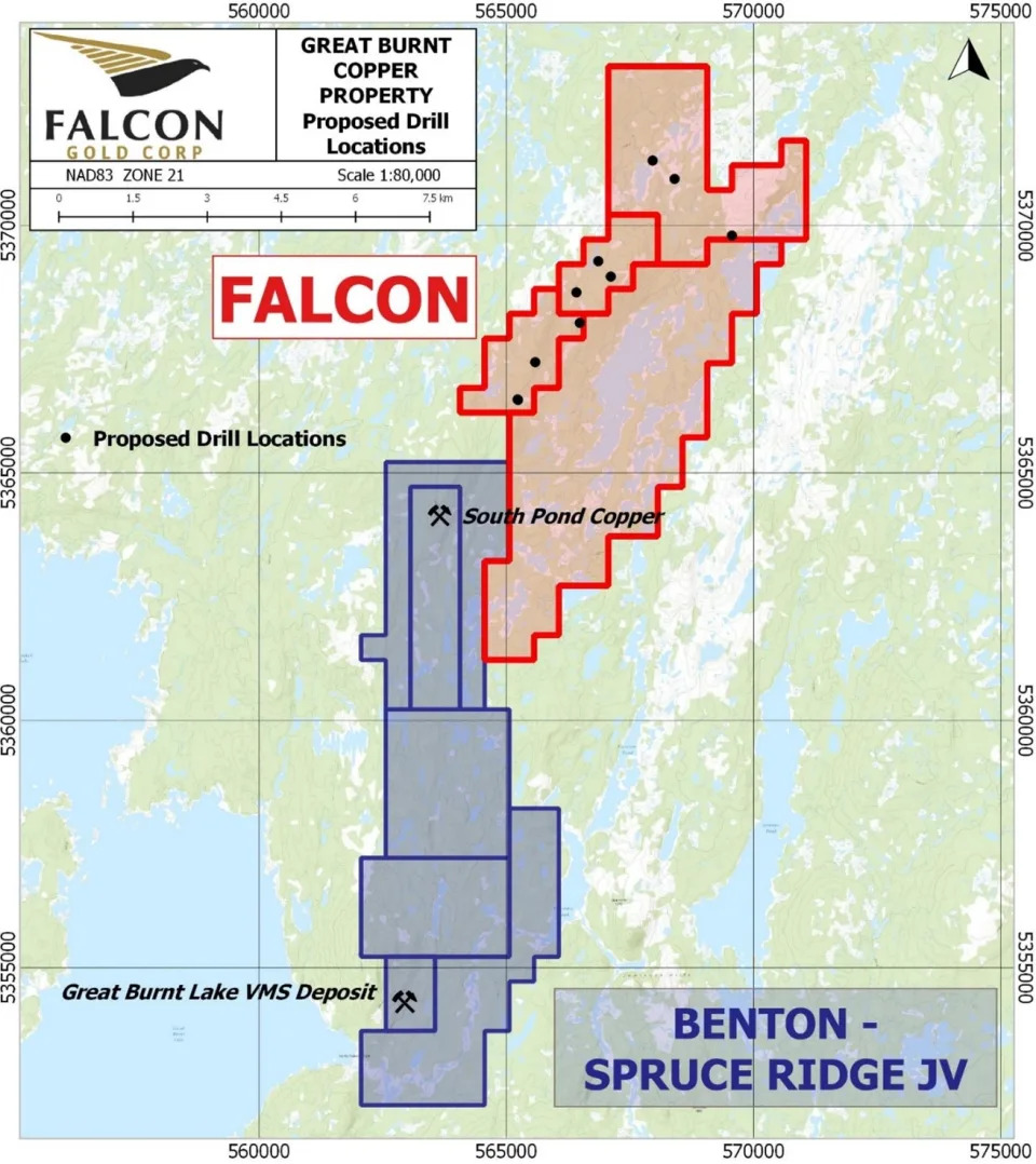 <i><strong>Figure 1</strong>. Location of proposed drilling within Falcon's recent acquisition proximal to the Benton - Spruce Ridge Great Burnt Copper-Gold joint venture in Central Newfoundland.</i>