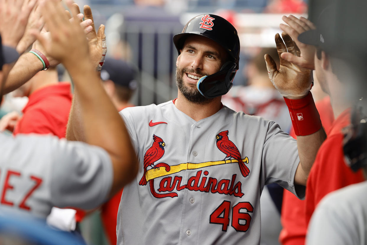 PHILADELPHIA, PENNSYLVANIA - JULY 01: Paul Goldschmidt #46 of the St. Louis Cardinals celebrates with teammates after scoring during the first inning against the St. Louis Cardinals at Citizens Bank Park on July 01, 2022 in Philadelphia, Pennsylvania. (Photo by Tim Nwachukwu/Getty Images)
