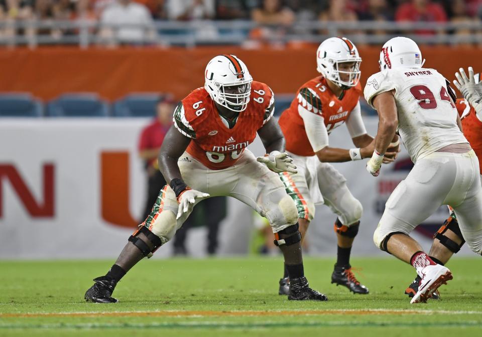 Sunny Odogwu started 14 games during his time at Miami. (Photo by Richard C. Lewis/Icon Sportswire via Getty Images)