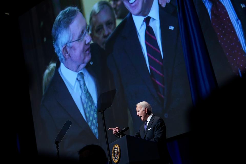 President Joe Biden speaks during a memorial service for former Senate Majority Leader Harry Reid at the Smith Center in Las Vegas, Saturday, Jan. 8, 2022. (AP Photo/Susan Walsh) ORG XMIT: NVSW449