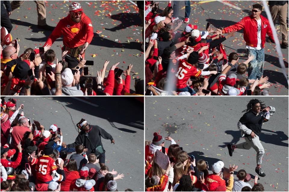 Chiefs players high-fiving fans during the parade (clockwise from top left): Travis Kelce, Patrick Mahomes, <a class="link " href="https://sports.yahoo.com/nfl/players/34207/" data-i13n="sec:content-canvas;subsec:anchor_text;elm:context_link" data-ylk="slk:Isiah Pacheco;sec:content-canvas;subsec:anchor_text;elm:context_link;itc:0">Isiah Pacheco</a>, Richie James<span class="copyright">Amy Kontras—AFP/Getty Images (4)</span>
