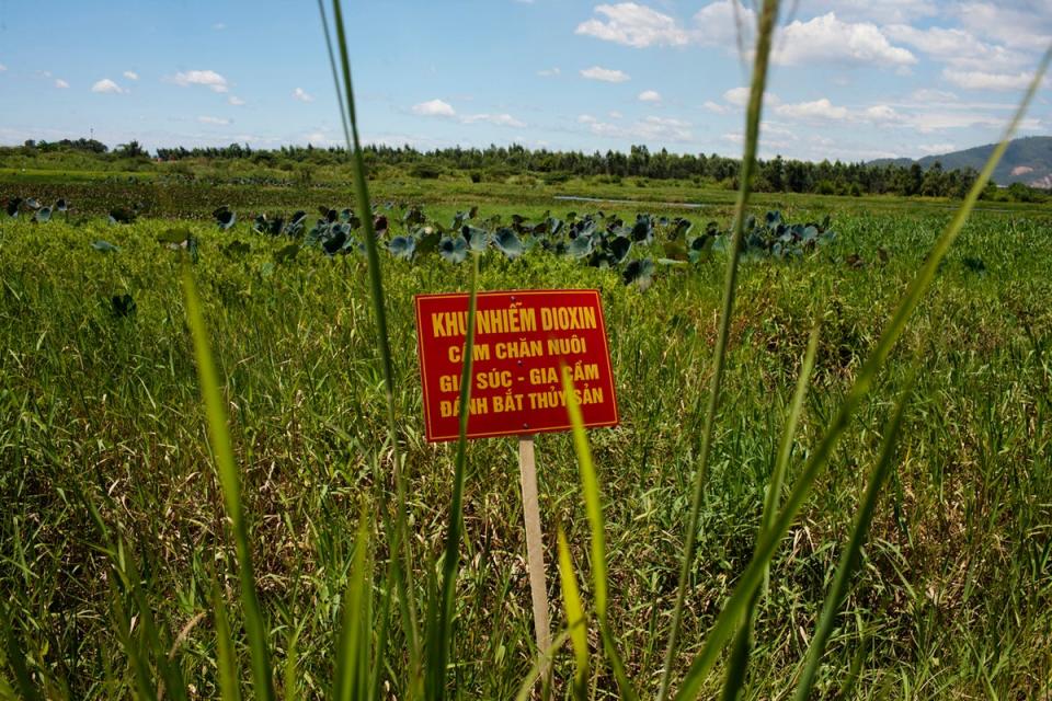 A sign warning of Agent Orange at a former US military base in Danang, Vietnam, following the Vietnam War (AP)