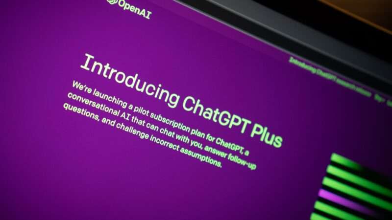 A computer screen with a purple background and white text reading "Introducing ChatGPT Plus"