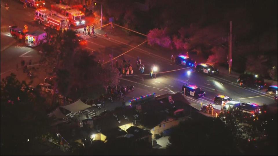 An aerial view of the scene of a shooting at the Cook's Corner bar in the Trabuco Canyon area of Orange County, California. on August 23, 2023.  / Credit: CBS News Los Angeles