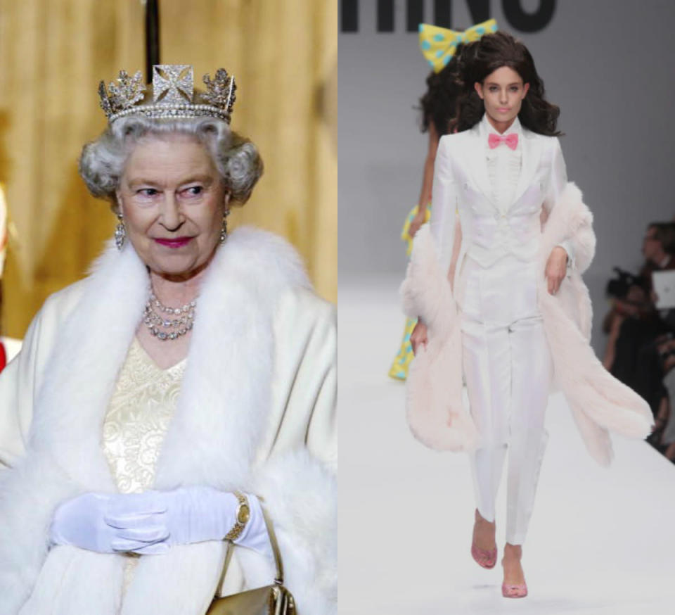 <p>The regal fur trim on the Queens outfit as she arrived at The Palace Of Westminster for the state opening of Parliament not only made a lasting effect on us but also on the designers at Moschino. <i>[Photo: Tim Graham Picture Library/Getty Images/ Photo: Antonio de Moraes Barros Filho/WireImage]</i></p>