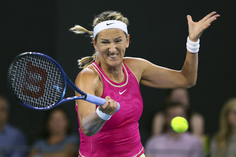 Victoria Azarenka of Belarus plays a shot in her semi-final match against Aryna Sabalenka of Belarus during the Brisbane International tennis tournament in Brisbane, Australia, Saturday, Jan. 6, 2024. (AP Photo/Tertius Pickard)