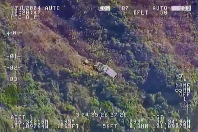 <p>CHP - Coastal Division Air Operations/Facebook</p> Man rescued two days after driving his car off a cliff in California.