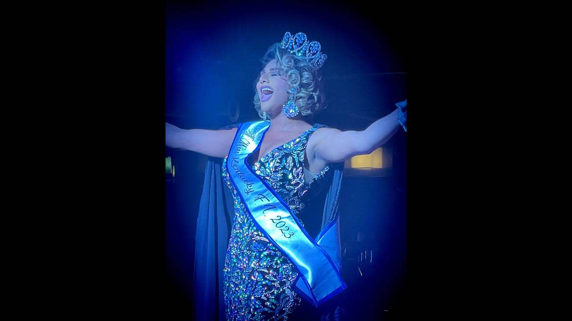 Timothy Gilbert performs as Venus Knight, who is the reigning Miss Kentucky Female Impersonator 2023.