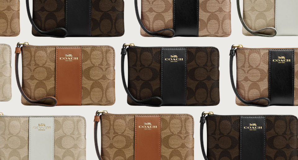 collage of coach outlet wristlets in brown leather, black leather, white leather, and canvas
